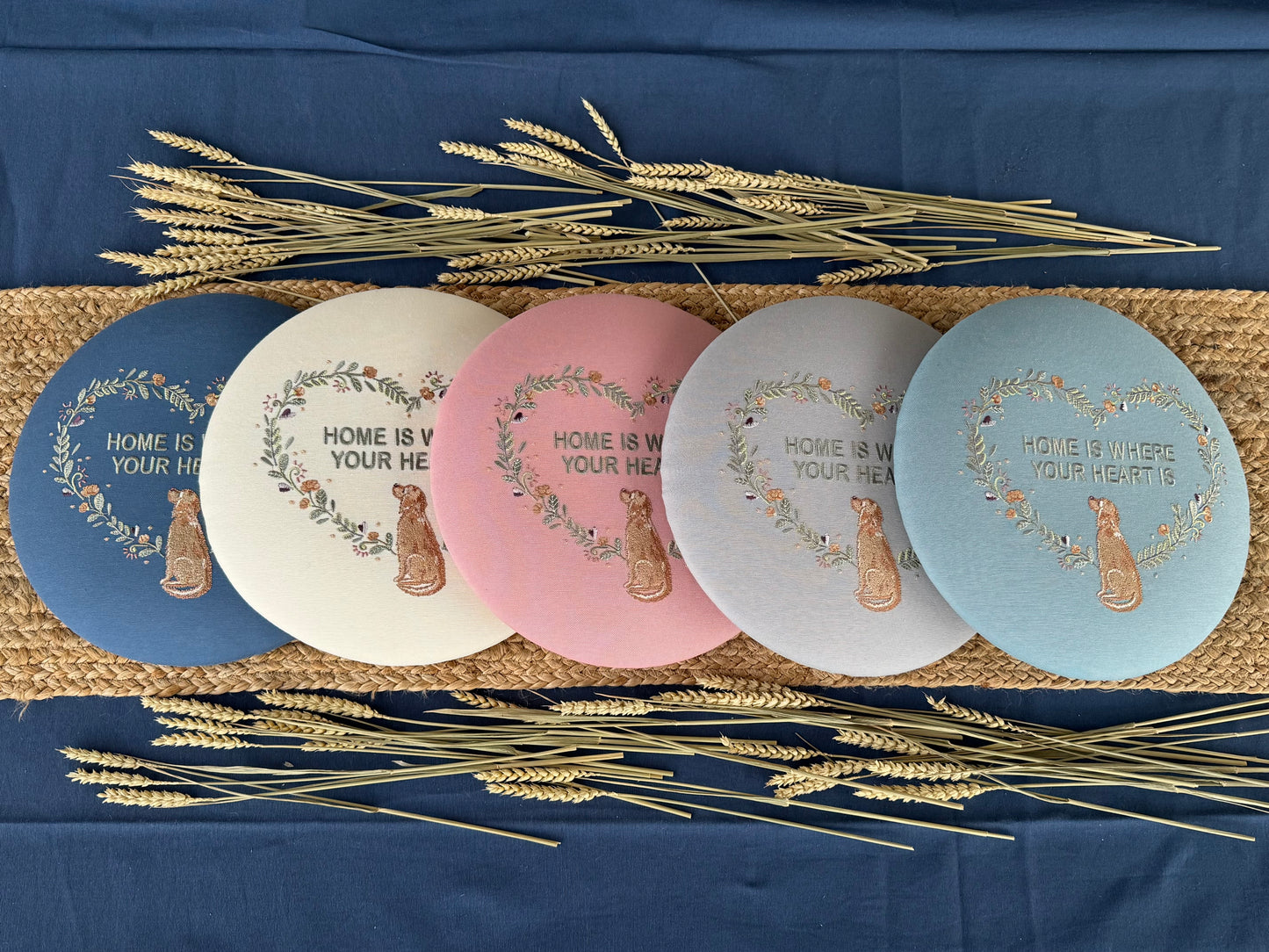 Round Embroidered Linen Wall Hanging for Interior Decor - Elegant Wall Decoration "Home is where your heart is" Interior Gifts, Decor with dog