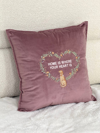 Decorative velour cover for pillow with embroidered dogs and wreaths - an ideal gift and stylish home decor