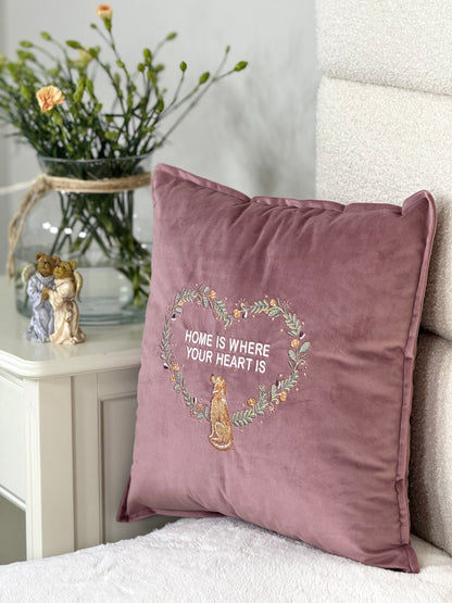 Decorative velour cover for pillow with embroidered dogs and wreaths - an ideal gift and stylish home decor