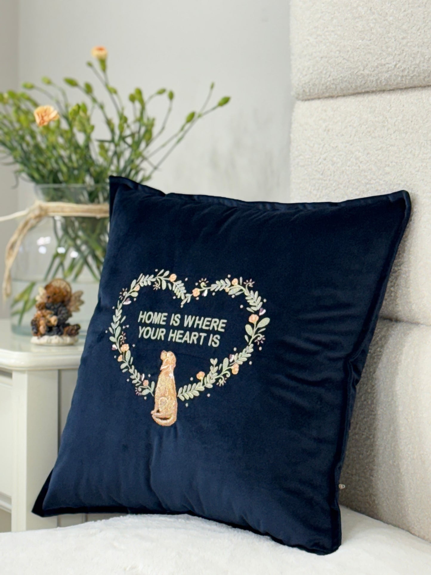 Decorative velour cover for pillow with embroidered dogs and wreaths - an ideal gift and stylish home decor