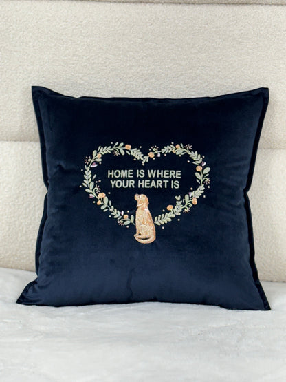 Decorative velour cover for pillow with embroidered dogs and wreaths - an ideal gift and stylish home decor