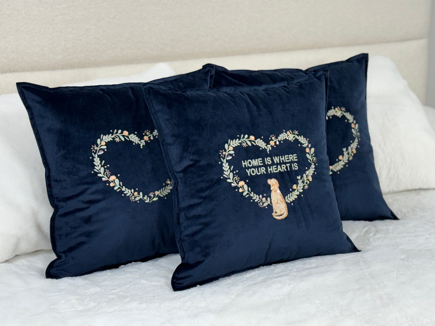 Decorative velour cover for pillow with embroidered dogs and wreaths - an ideal gift and stylish home decor