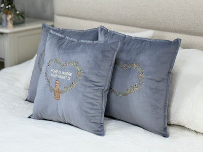 Decorative velour cover for pillow with embroidered dogs and wreaths - an ideal gift and stylish home decor