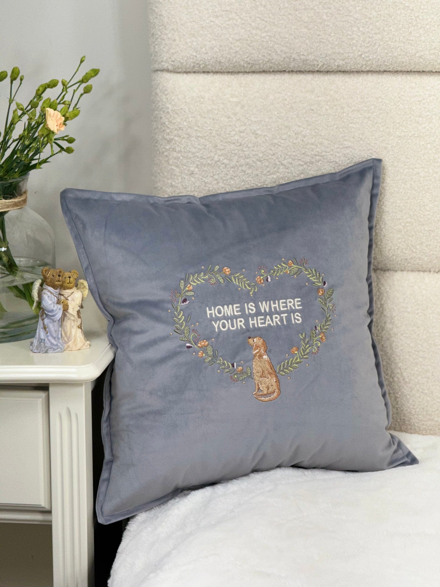 Decorative velour cover for pillow with embroidered dogs and wreaths - an ideal gift and stylish home decor