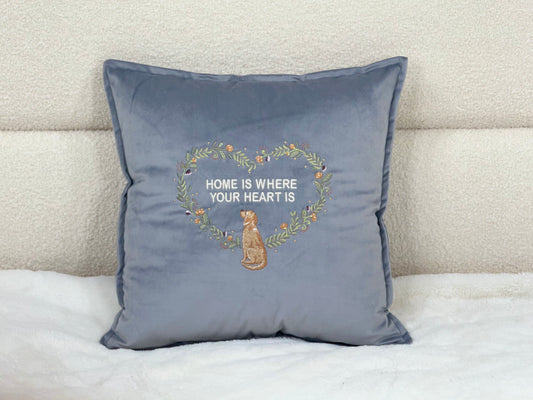 Decorative velour cover for pillow with embroidered dogs and wreaths - an ideal gift and stylish home decor