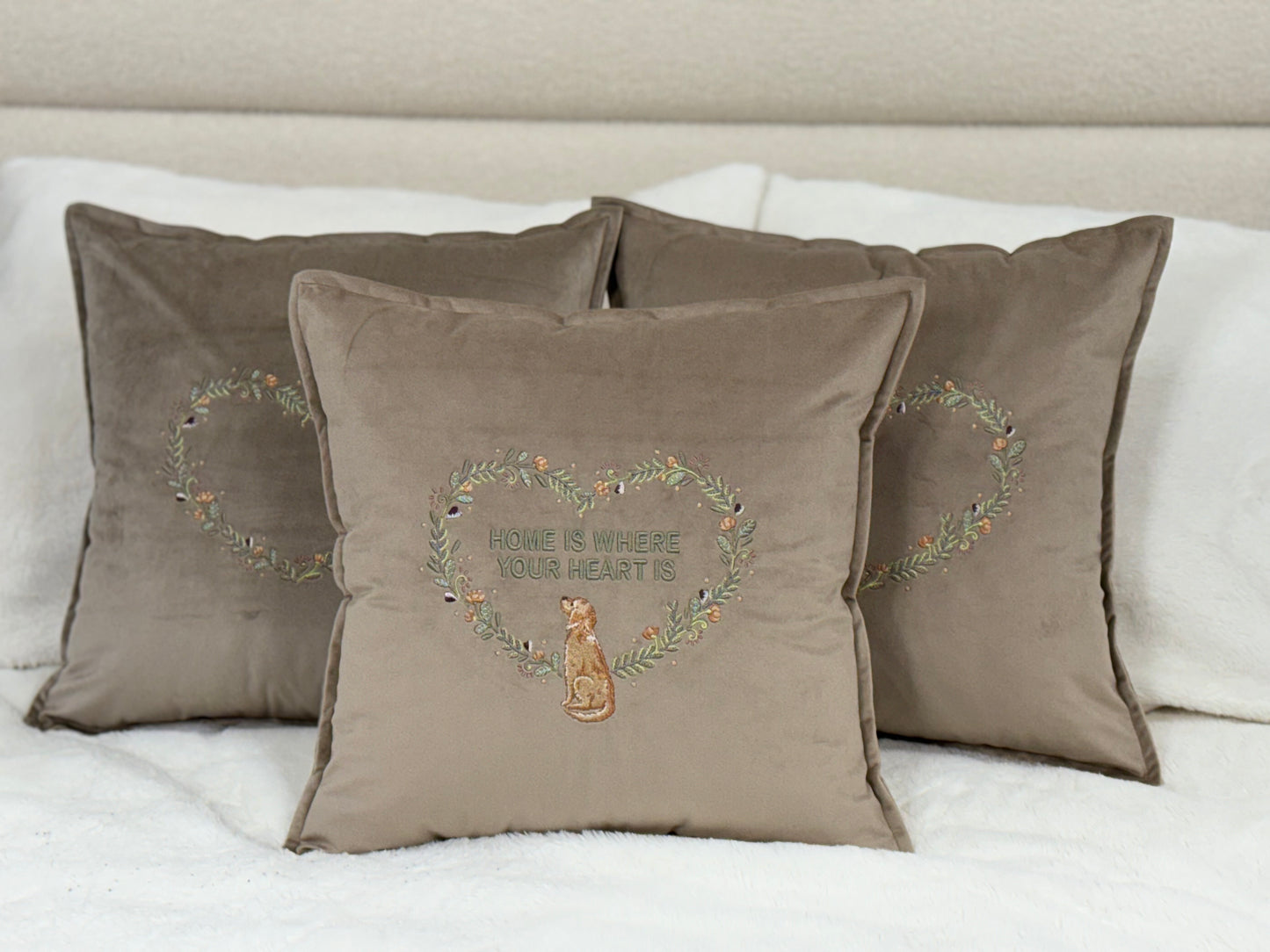 Decorative velour cover for pillow with embroidered dogs and wreaths - an ideal gift and stylish home decor