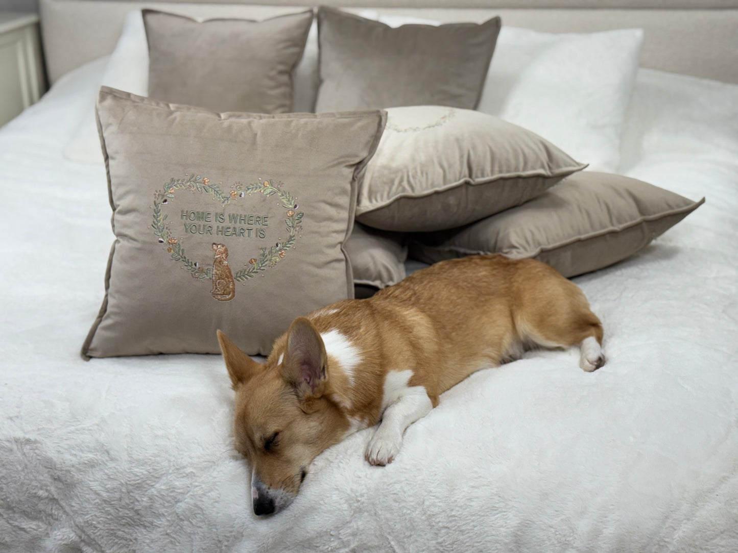 Decorative velour cover for pillow with embroidered dogs and wreaths - an ideal gift and stylish home decor