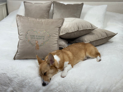 Decorative velour cover for pillow with embroidered dogs and wreaths - an ideal gift and stylish home decor