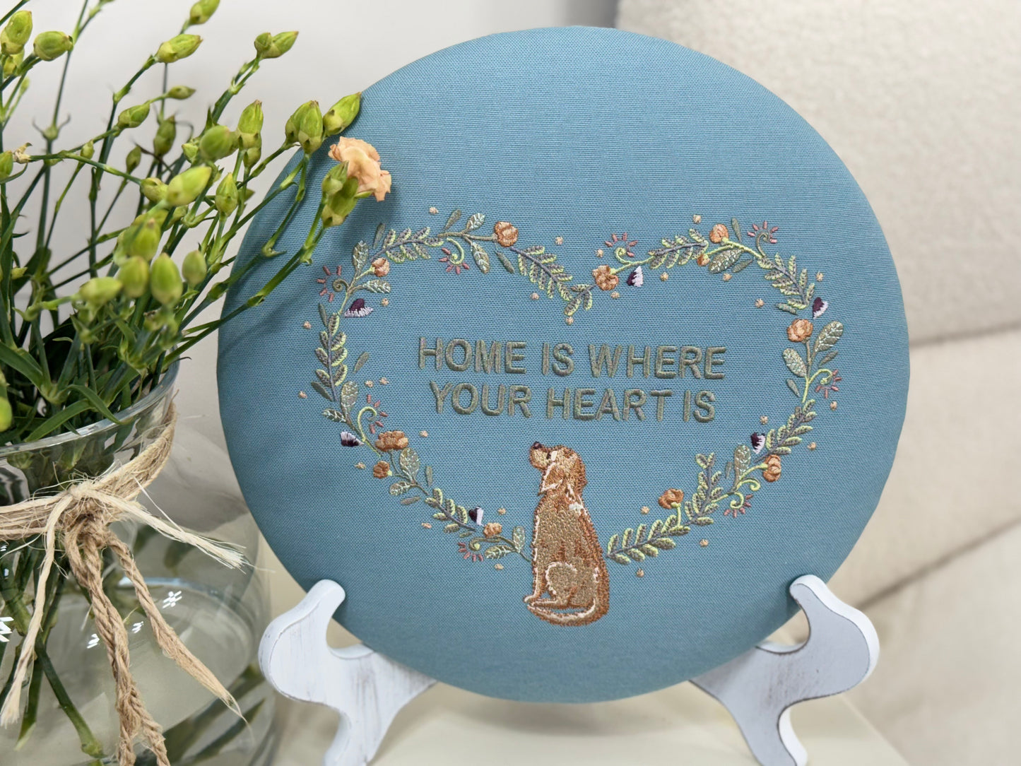 Round Embroidered Linen Wall Hanging for Interior Decor - Elegant Wall Decoration "Home is where your heart is" Interior Gifts, Decor with dog
