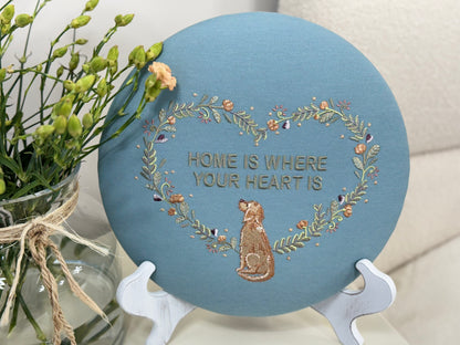 Round Embroidered Linen Wall Hanging for Interior Decor - Elegant Wall Decoration "Home is where your heart is" Interior Gifts, Decor with dog