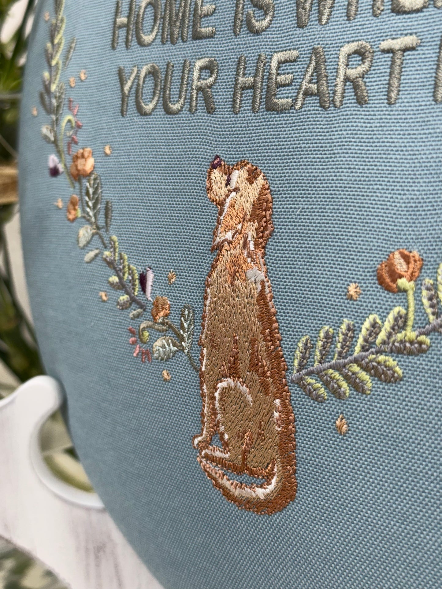 Round Embroidered Linen Wall Hanging for Interior Decor - Elegant Wall Decoration "Home is where your heart is" Interior Gifts, Decor with dog