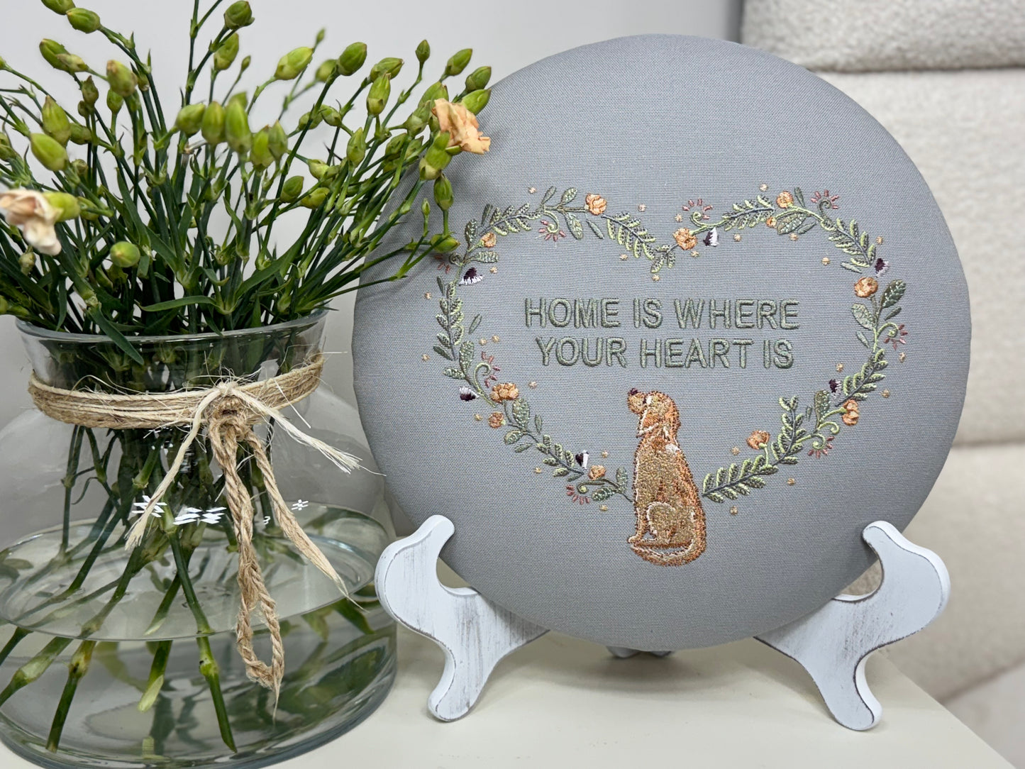 Round Embroidered Linen Wall Hanging for Interior Decor - Elegant Wall Decoration "Home is where your heart is" Interior Gifts, Decor with dog