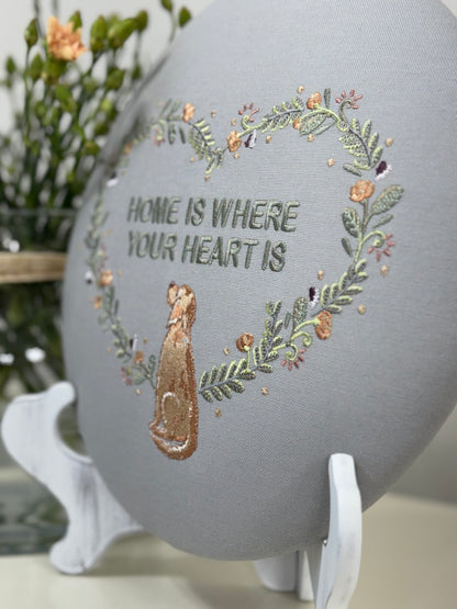 Round Embroidered Linen Wall Hanging for Interior Decor - Elegant Wall Decoration "Home is where your heart is" Interior Gifts, Decor with dog