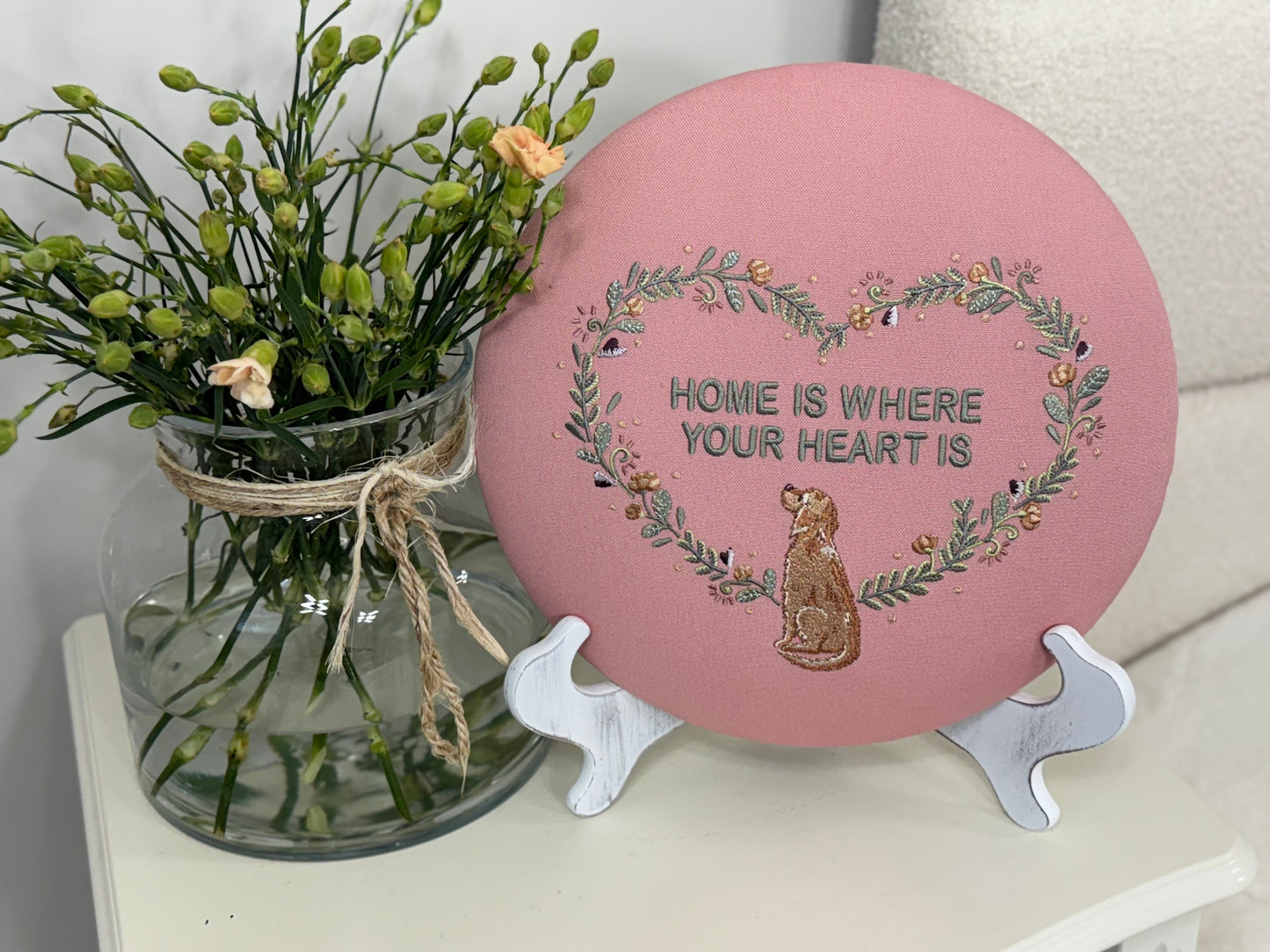 Round Embroidered Linen Wall Hanging for Interior Decor - Elegant Wall Decoration "Home is where your heart is" Interior Gifts, Decor with dog