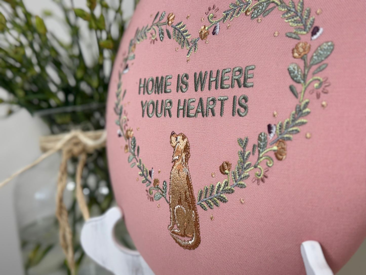 Round Embroidered Linen Wall Hanging for Interior Decor - Elegant Wall Decoration "Home is where your heart is" Interior Gifts, Decor with dog