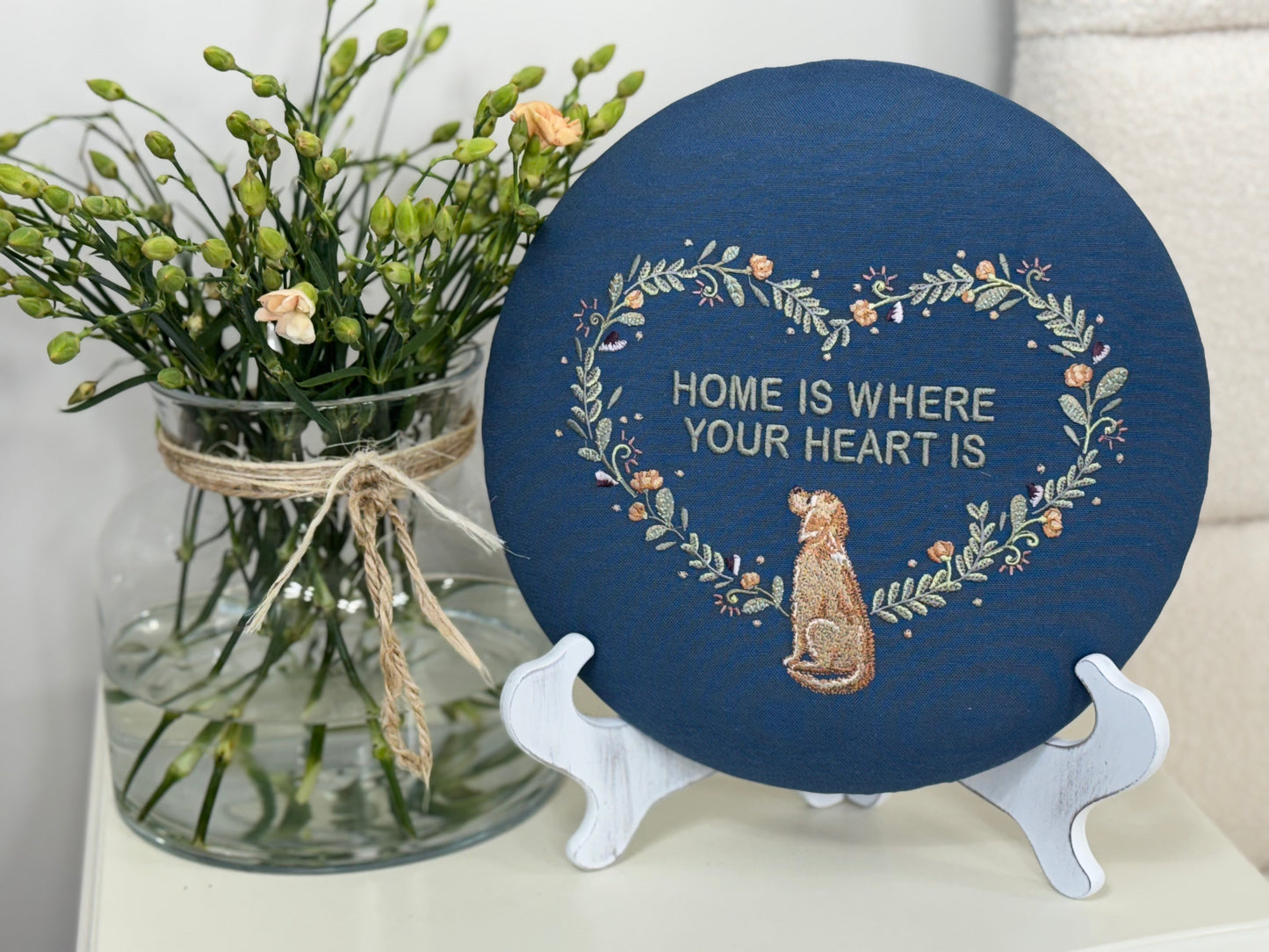 Round Embroidered Linen Wall Hanging for Interior Decor - Elegant Wall Decoration "Home is where your heart is" Interior Gifts, Decor with dog