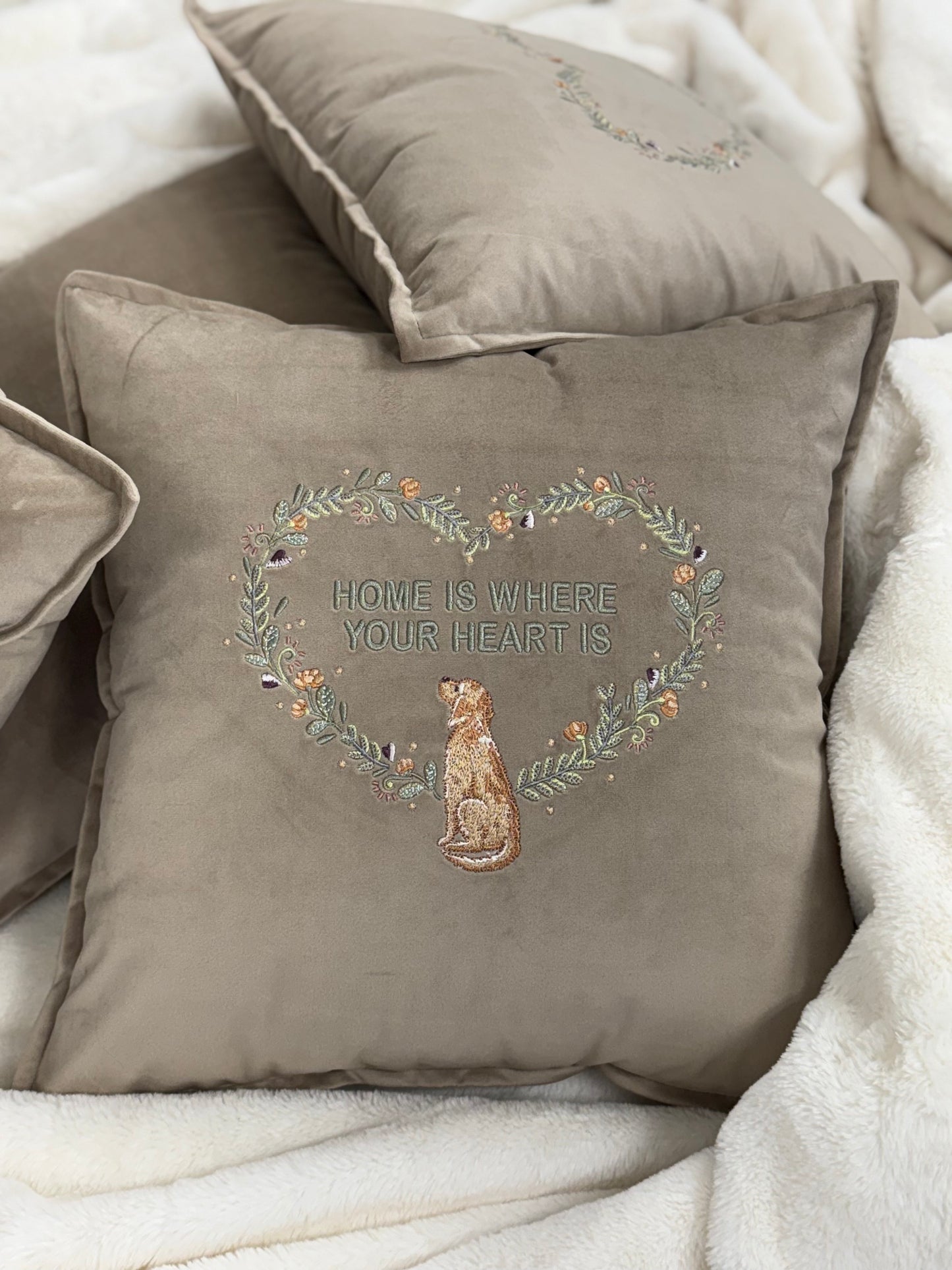 Decorative velour cover for pillow with embroidered dogs and wreaths - an ideal gift and stylish home decor