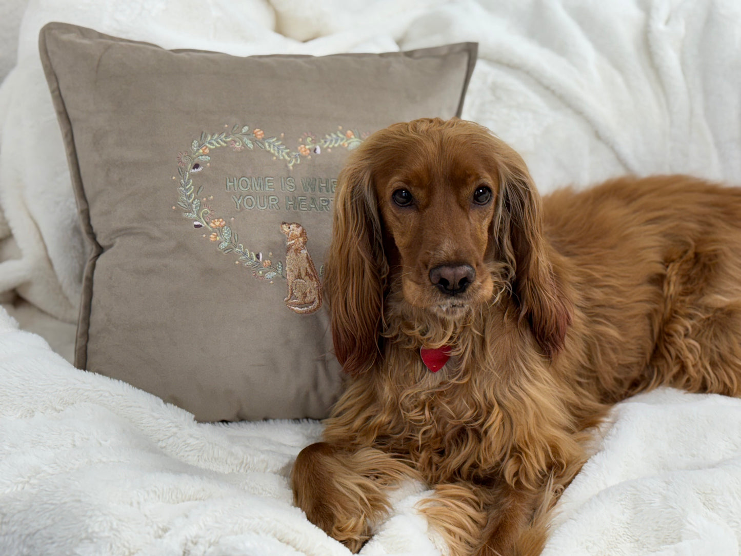 Decorative velour cover for pillow with embroidered dogs and wreaths - an ideal gift and stylish home decor