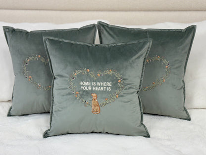 Decorative velour cover for pillow with embroidered dogs and wreaths - an ideal gift and stylish home decor