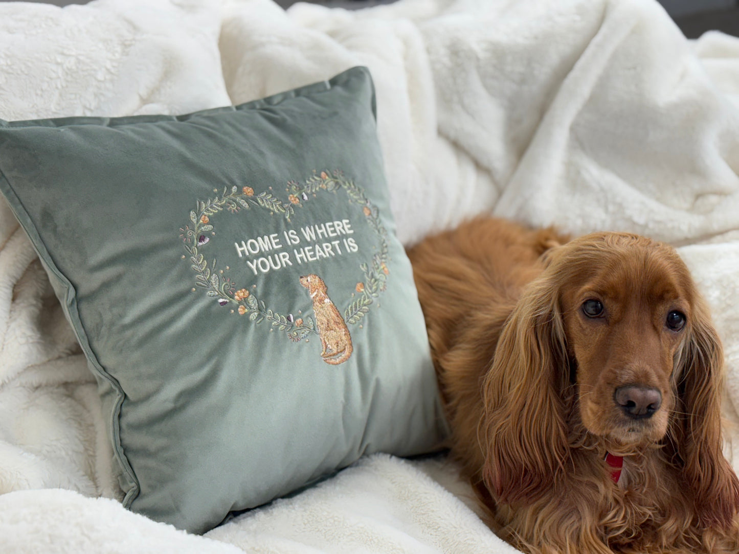Decorative velour cover for pillow with embroidered dogs and wreaths - an ideal gift and stylish home decor