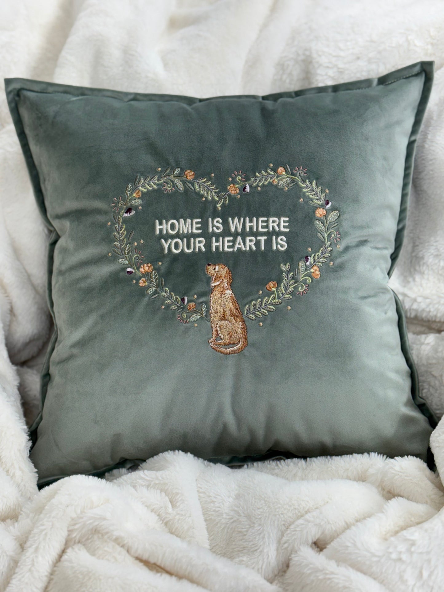 Decorative velour cover for pillow with embroidered dogs and wreaths - an ideal gift and stylish home decor