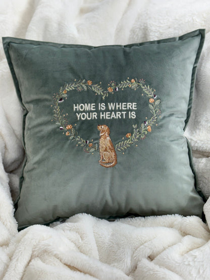 Decorative velour cover for pillow with embroidered dogs and wreaths - an ideal gift and stylish home decor