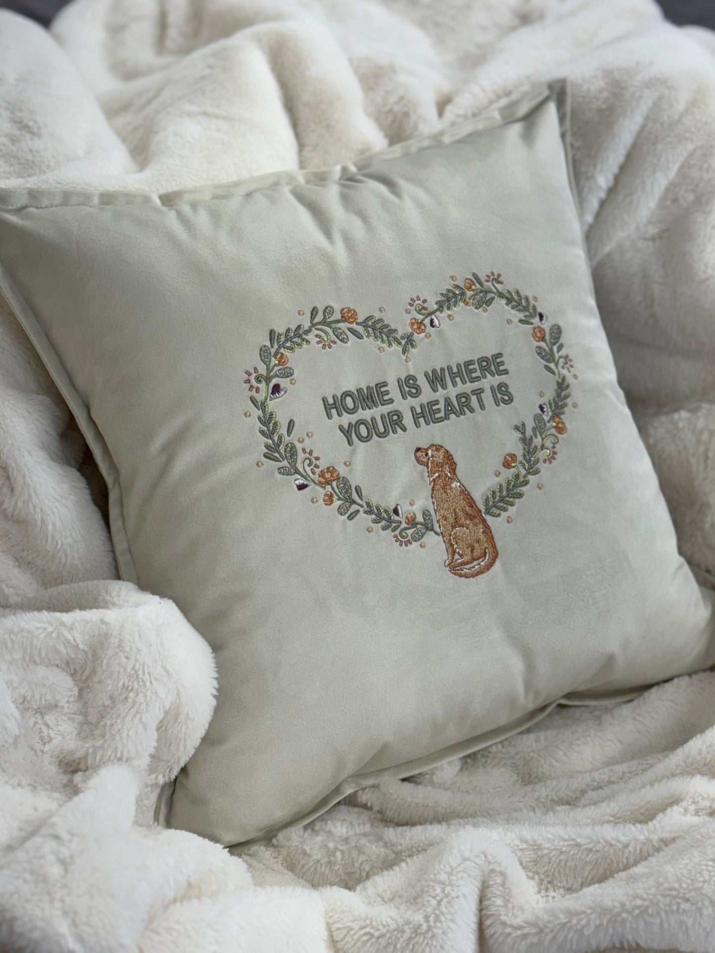 Decorative velour cover for pillow with embroidered dogs and wreaths - an ideal gift and stylish home decor