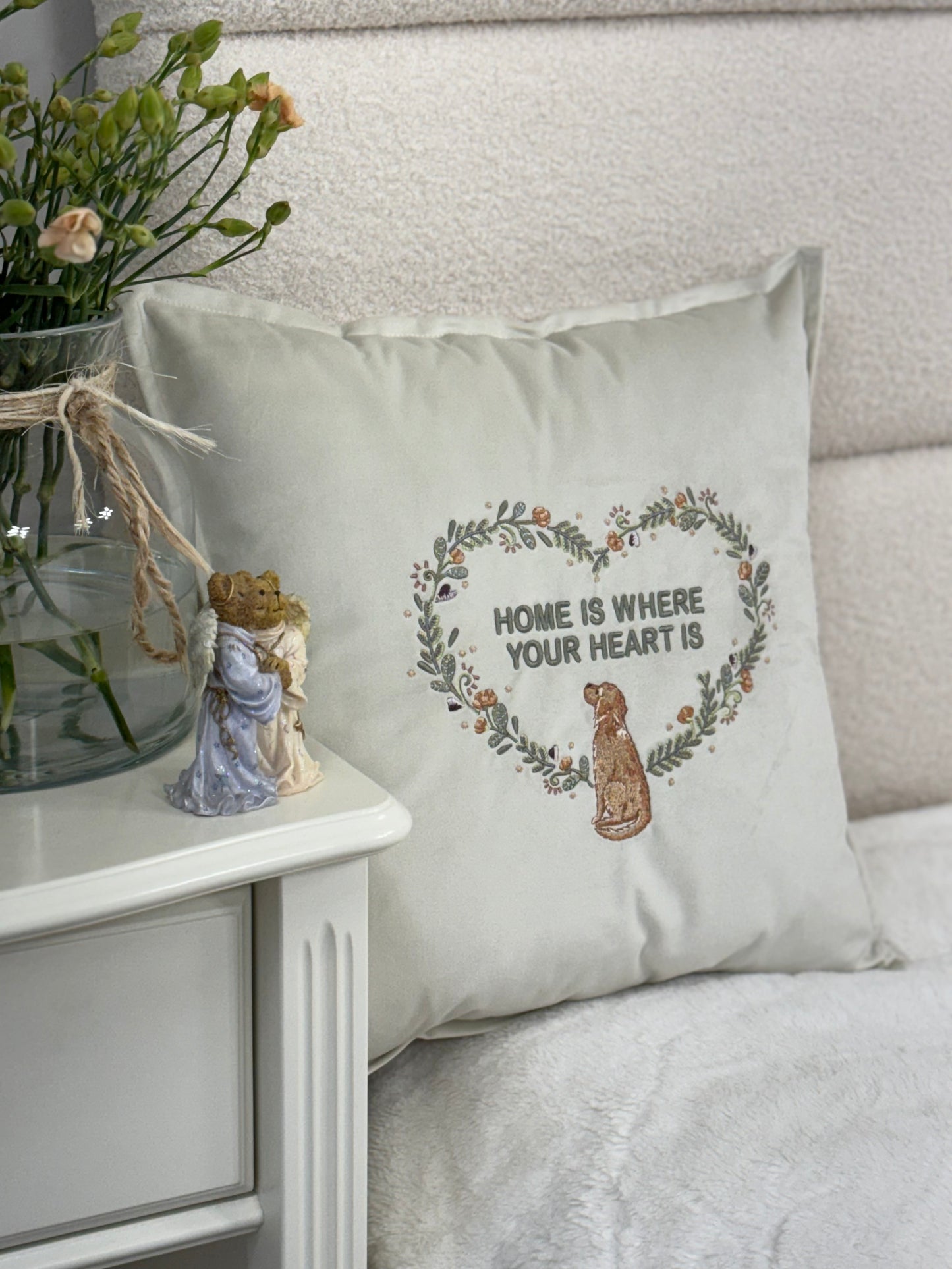 Decorative velour cover for pillow with embroidered dogs and wreaths - an ideal gift and stylish home decor