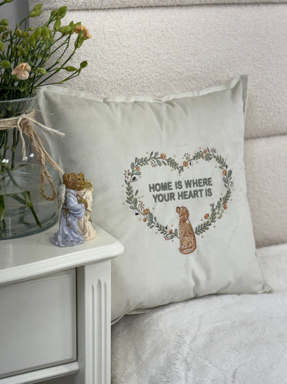 Decorative velour cover for pillow with embroidered dogs and wreaths - an ideal gift and stylish home decor