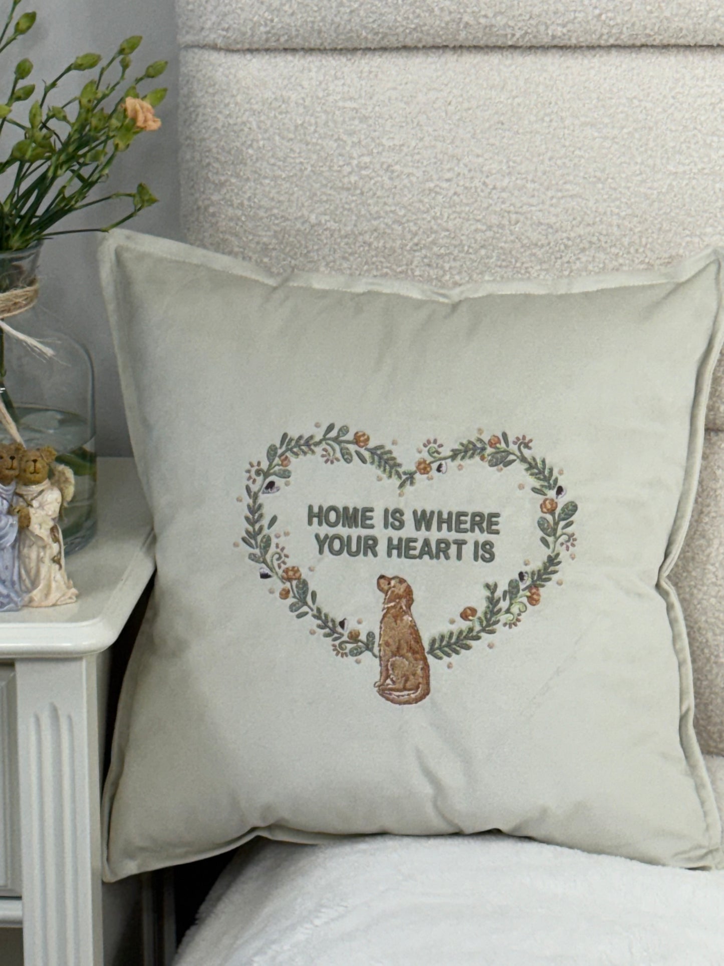 Decorative velour cover for pillow with embroidered dogs and wreaths - an ideal gift and stylish home decor