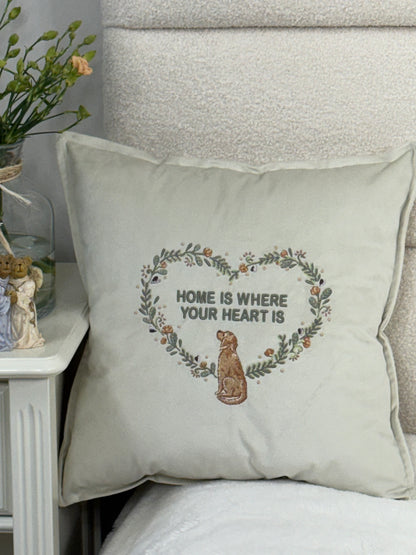 Decorative velour cover for pillow with embroidered dogs and wreaths - an ideal gift and stylish home decor