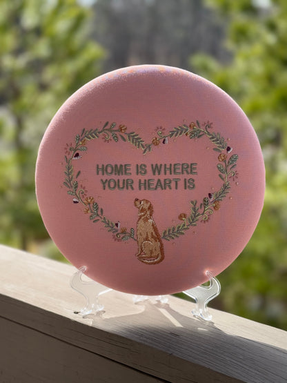 Round Embroidered Linen Wall Hanging for Interior Decor - Elegant Wall Decoration "Home is where your heart is" Interior Gifts, Decor with dog