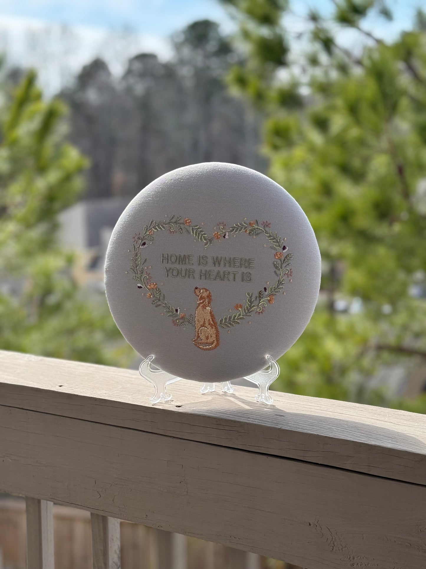 Round Embroidered Linen Wall Hanging for Interior Decor - Elegant Wall Decoration "Home is where your heart is" Interior Gifts, Decor with dog