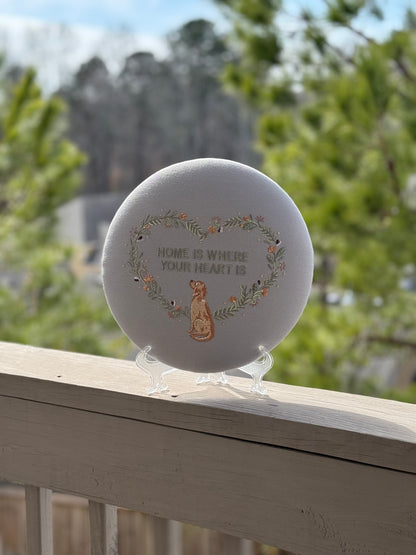 Round Embroidered Linen Wall Hanging for Interior Decor - Elegant Wall Decoration "Home is where your heart is" Interior Gifts, Decor with dog
