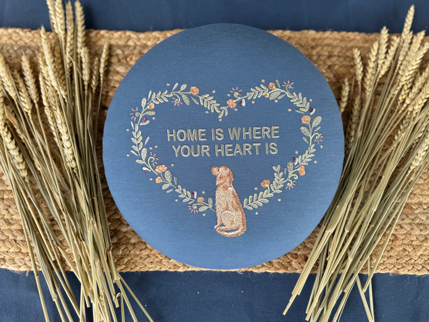 Round Embroidered Linen Wall Hanging for Interior Decor - Elegant Wall Decoration "Home is where your heart is" Interior Gifts, Decor with dog