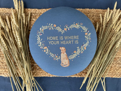 Round Embroidered Linen Wall Hanging for Interior Decor - Elegant Wall Decoration "Home is where your heart is" Interior Gifts, Decor with dog