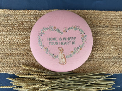 Round Embroidered Linen Wall Hanging for Interior Decor - Elegant Wall Decoration "Home is where your heart is" Interior Gifts, Decor with dog