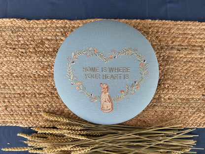 Round Embroidered Linen Wall Hanging for Interior Decor - Elegant Wall Decoration "Home is where your heart is" Interior Gifts, Decor with dog