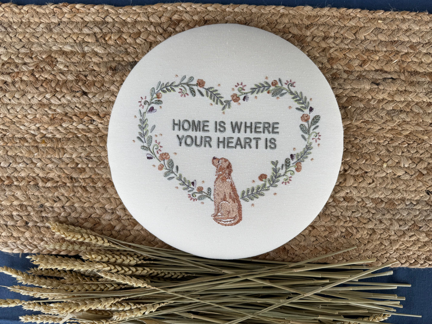 Round Embroidered Linen Wall Hanging for Interior Decor - Elegant Wall Decoration "Home is where your heart is" Interior Gifts, Decor with dog