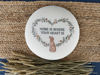 Round Embroidered Linen Wall Hanging for Interior Decor - Elegant Wall Decoration "Home is where your heart is" Interior Gifts, Decor with dog