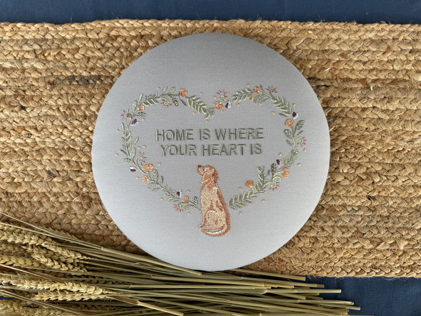 Round Embroidered Linen Wall Hanging for Interior Decor - Elegant Wall Decoration "Home is where your heart is" Interior Gifts, Decor with dog