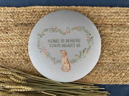 Round Embroidered Linen Wall Hanging for Interior Decor - Elegant Wall Decoration "Home is where your heart is" Interior Gifts, Decor with dog