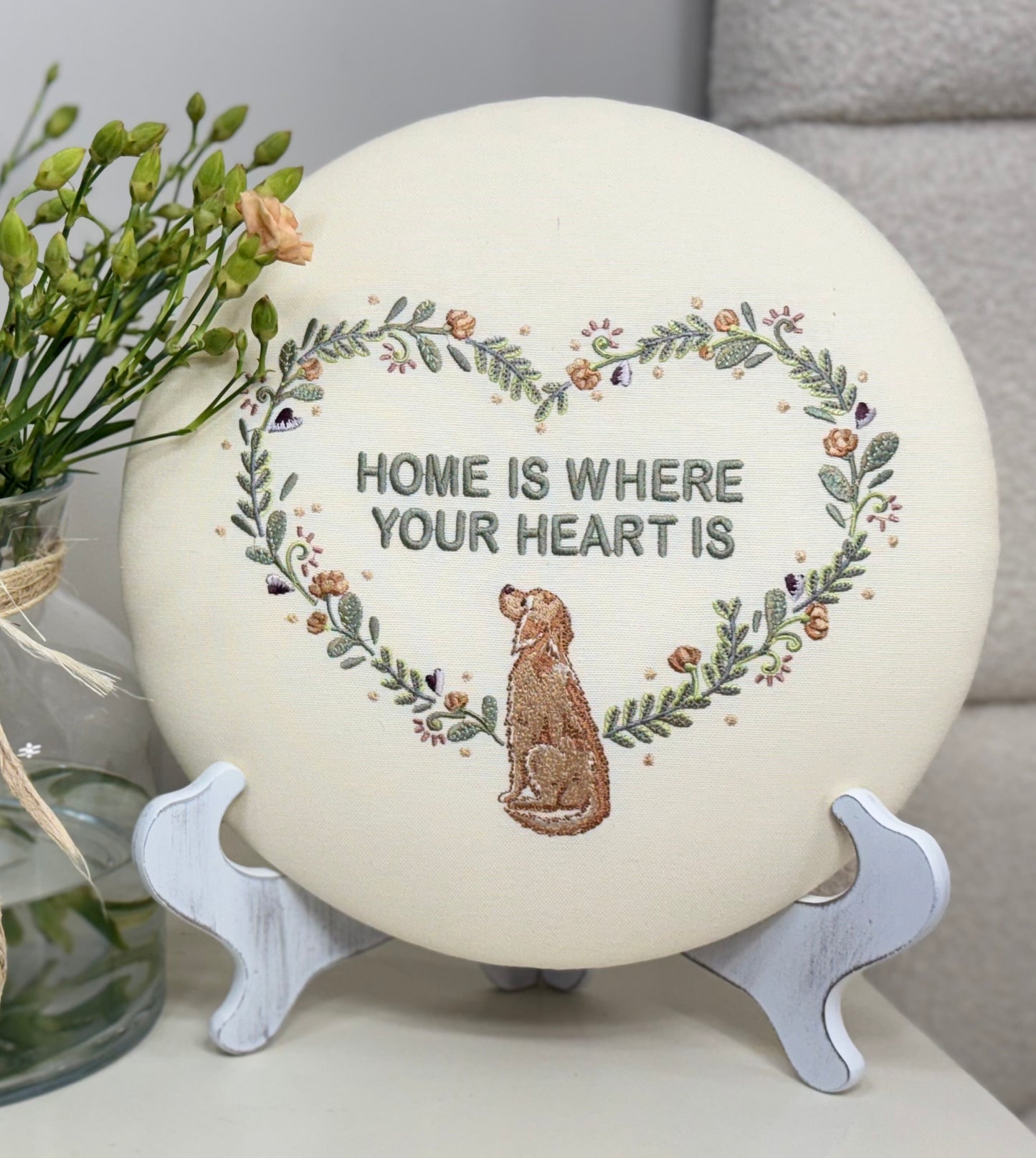 Round Embroidered Linen Wall Hanging for Interior Decor - Elegant Wall Decoration "Home is where your heart is" Interior Gifts, Decor with dog