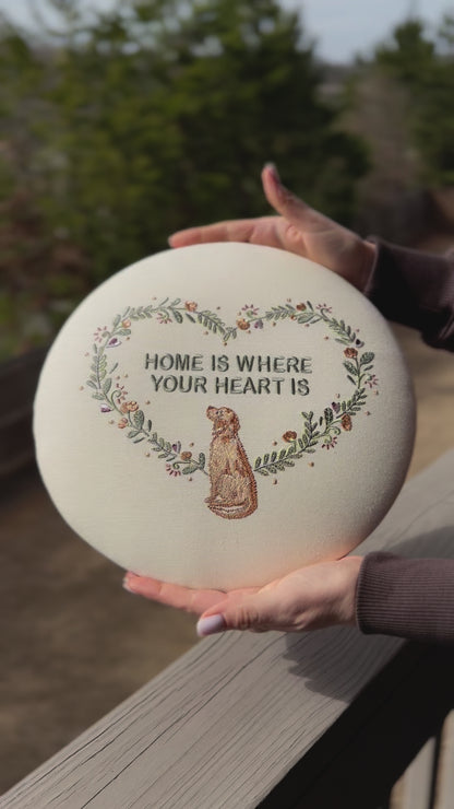 Round Embroidered Linen Wall Hanging for Interior Decor - Elegant Wall Decoration "Home is where your heart is" Interior Gifts, Decor with dog